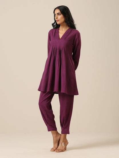 Plum Purple Slub Texture Pleated Co-Ord Set