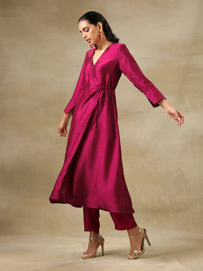 Purple Textured Silk Angrakha Kurta Pant Set