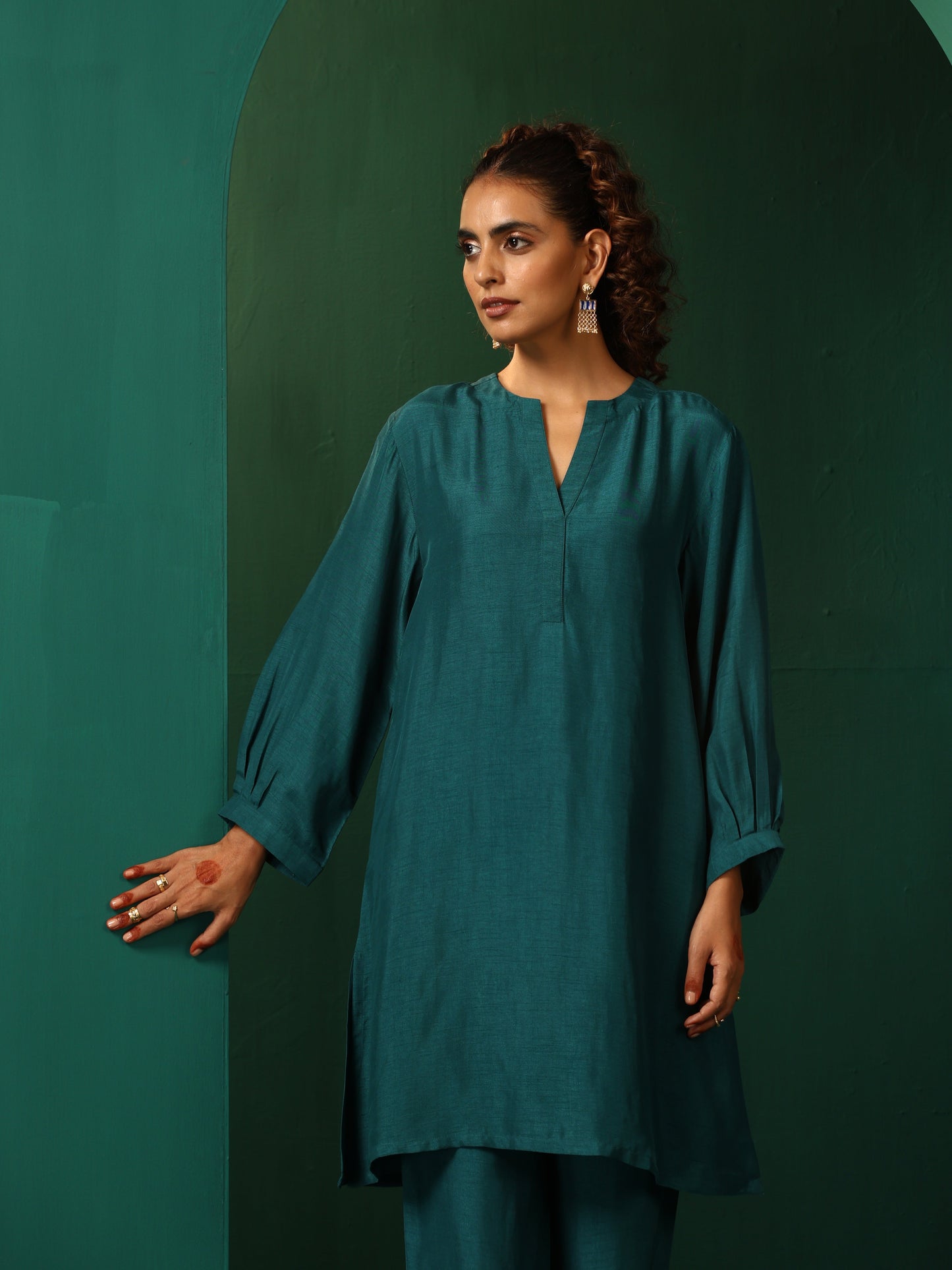 trueBrowns Teal Silk Relaxed Placket Co-ord Set