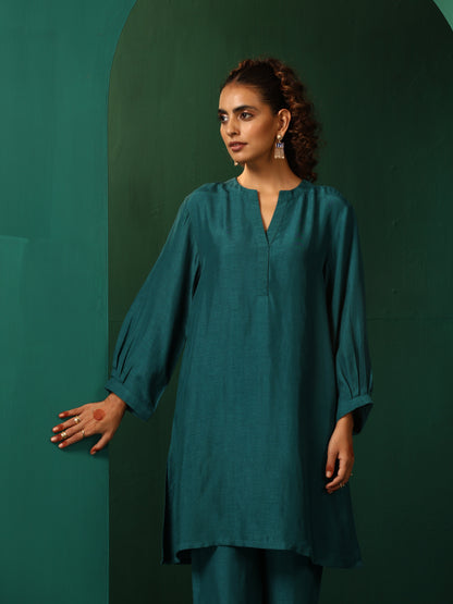 trueBrowns Teal Silk Relaxed Placket Co-ord Set