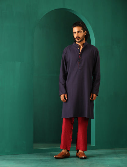 trueBrowns Men's Navy Dobby Textured Kurta