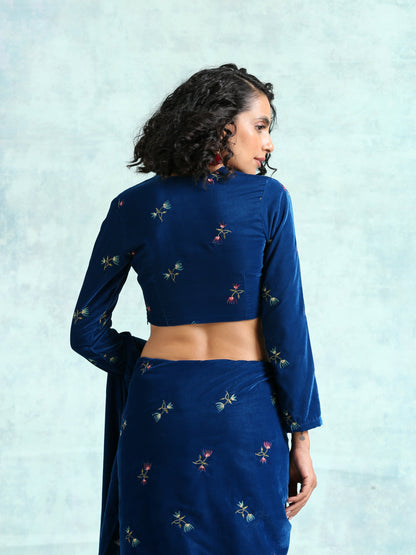 Blue Embroidered Velvet Blouse