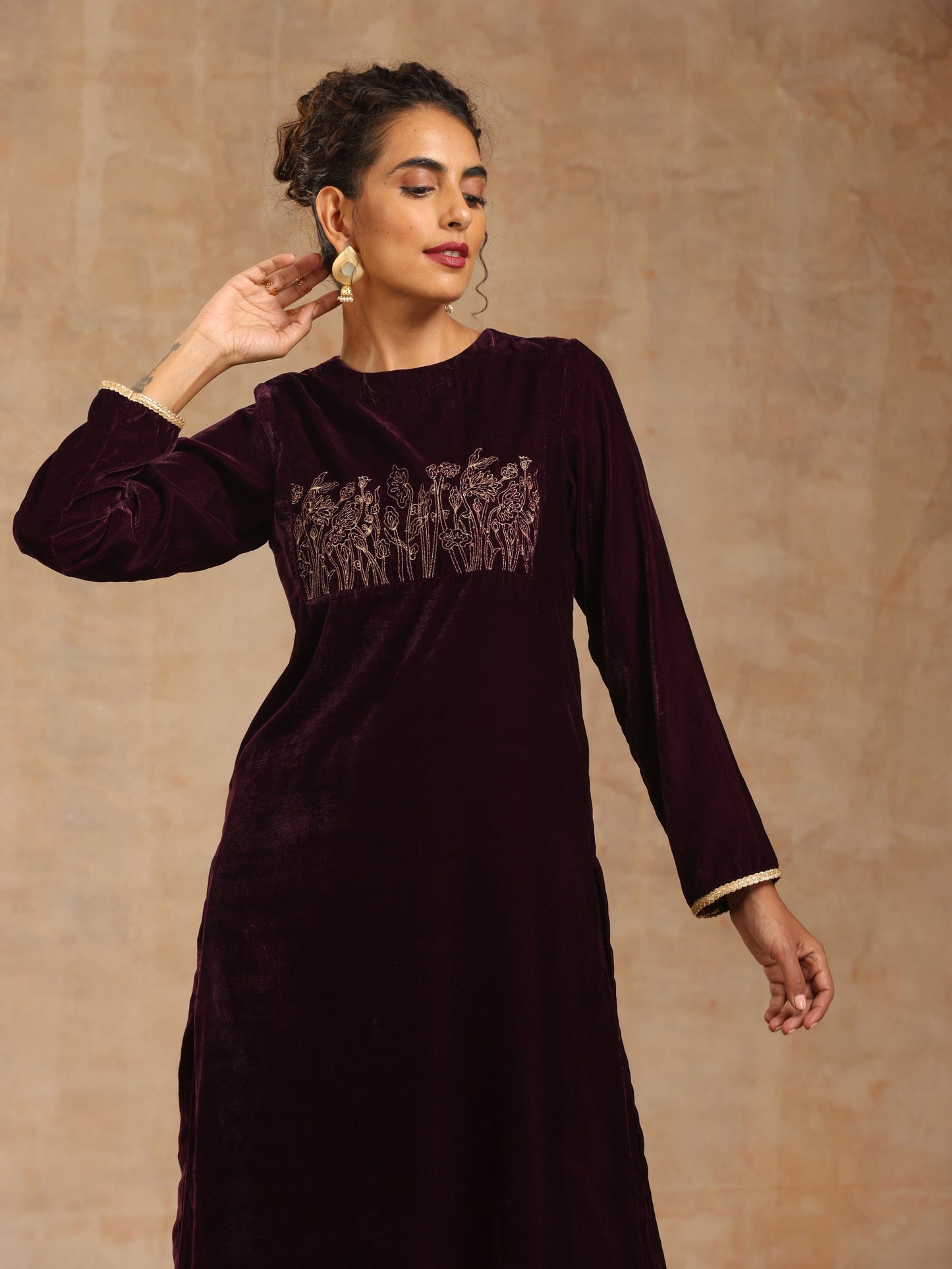 trueBrowns Wine Velvet Yoke Embroidered Kurta