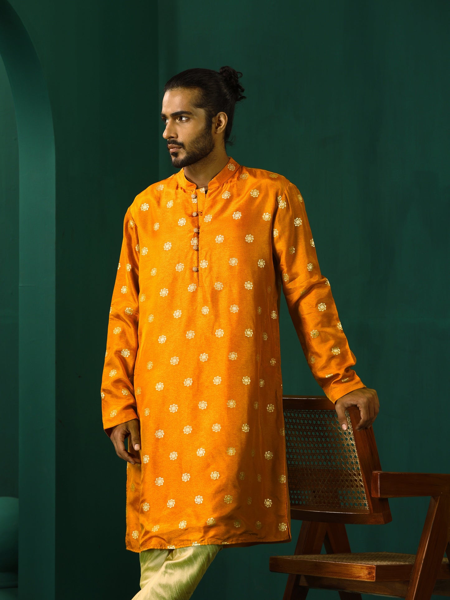 trueBrowns Men's Mustard Geometric Floral Viscose Silk Long Kurta