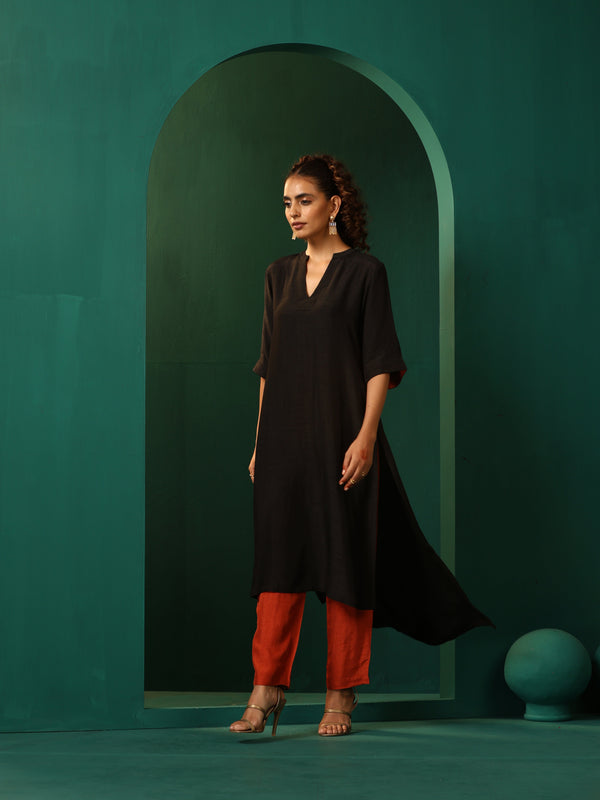 trueBrowns Black Silk High Low Kurta Pant Set