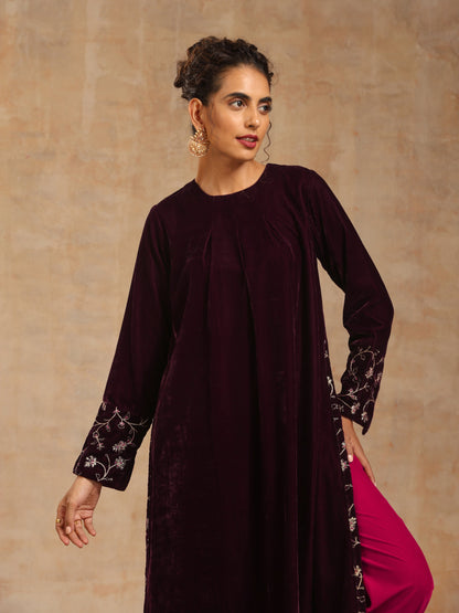 trueBrowns Wine Velvet Embroidered Kurta