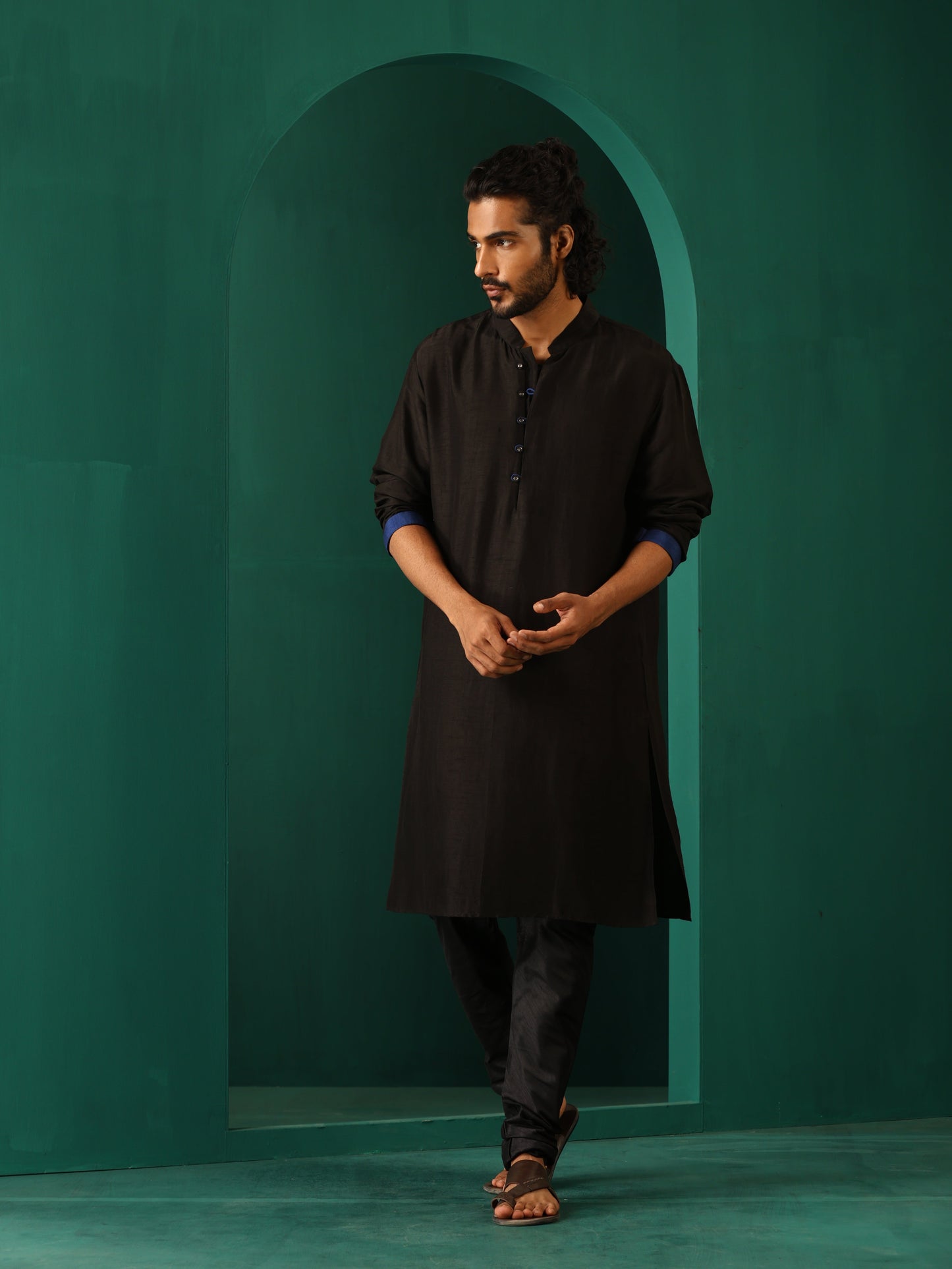 trueBrowns Men's Black Silk Long Kurta