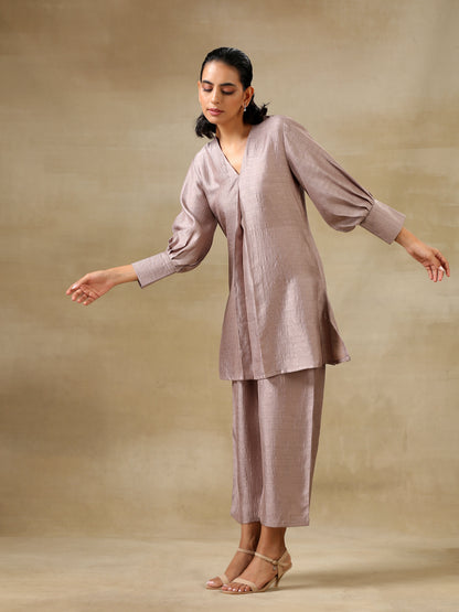 Grey Textured Silk Neck Pleat Co-Ord Set