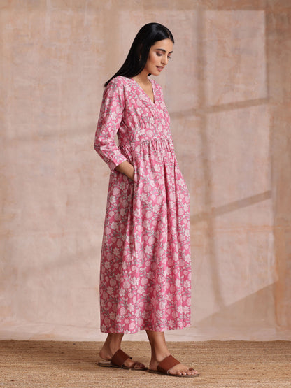 Pink Overall Floral Block Print Cotton Wrap Dress