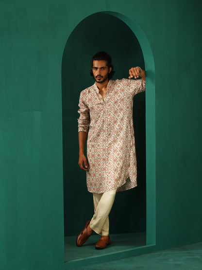 trueBrowns Men's Off White Circle Floral Muslin Silk Printed Long Kurta