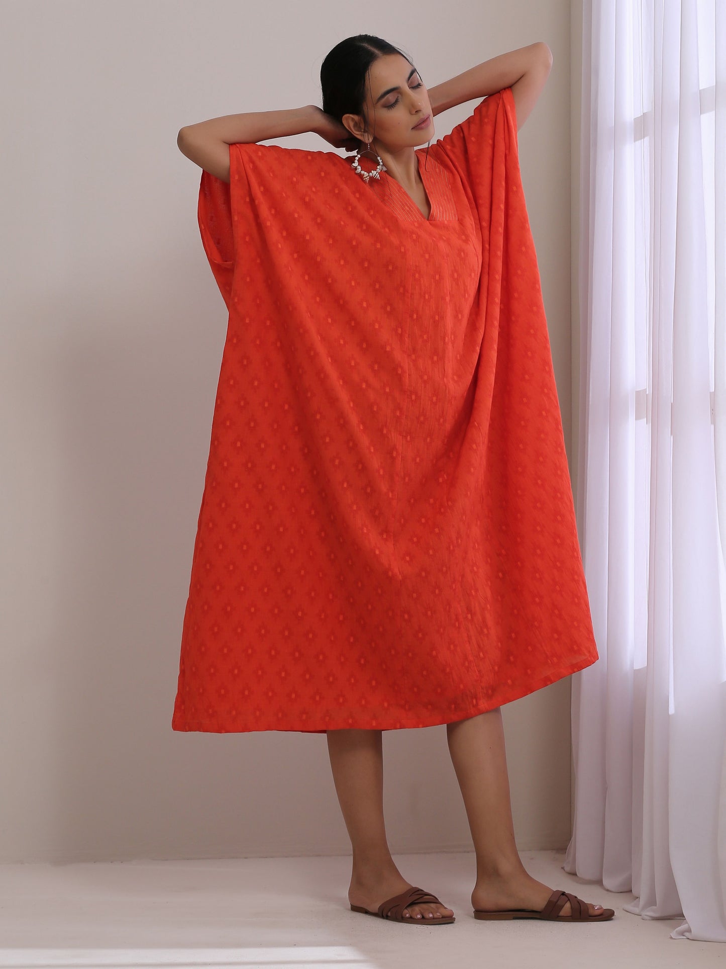 Orange Dobby Panel Kaftan Dress