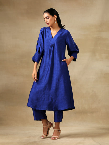 Blue Textured Silk Puff Sleeve Kurta Pant Set