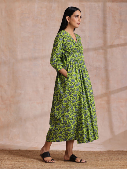 Lime Green Overall Blue Floral Block Print Cotton Wrap Dress