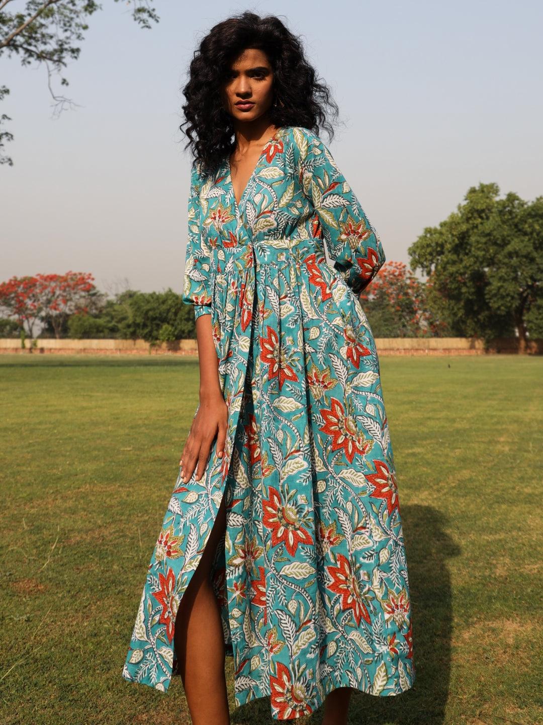 Teal Cotton Block Print Wrap Dress - trueBrowns