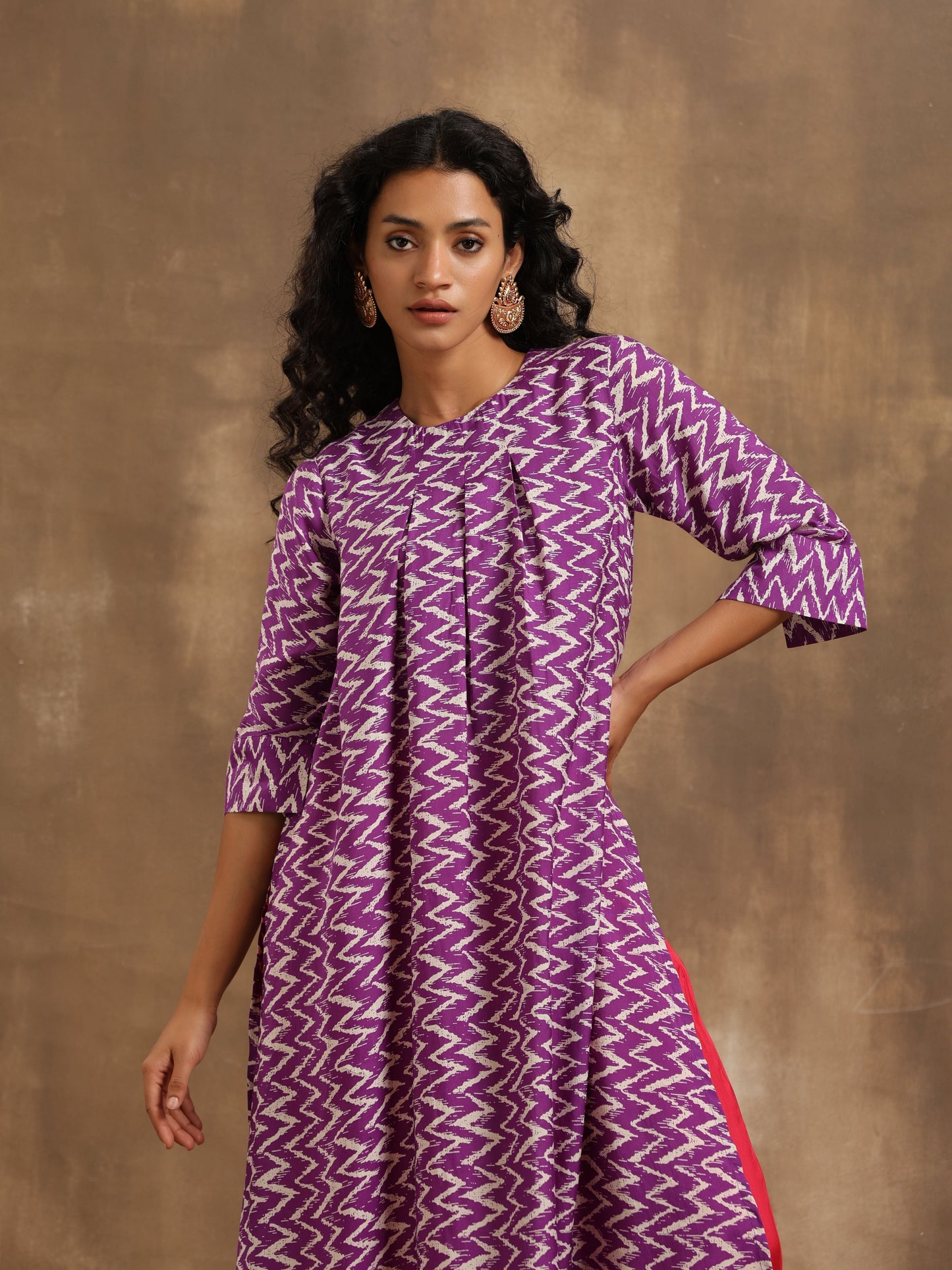 Purple Zig-Zag Printed Silk Kurta Pant Set