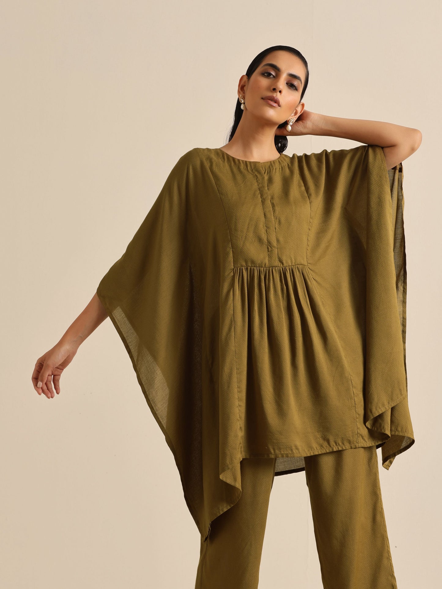 Olive Green Texture Doddy Kaftan Gathered Co-Ord Set