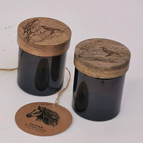 Artsy Wood and Glass 100ml Kitchen jar for Storage and Decor. Set of 2 (Perched Bird)