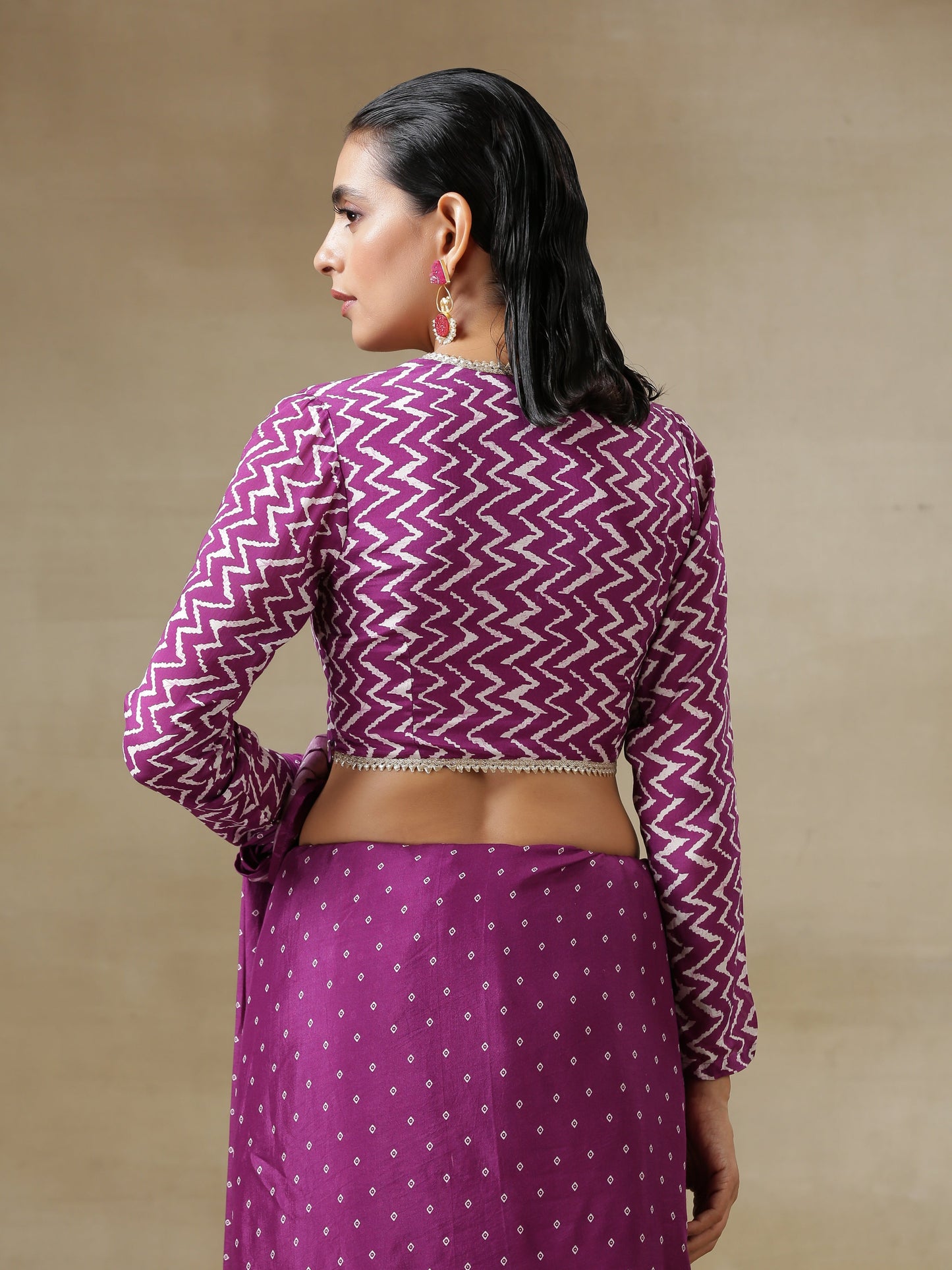 Purple Bandhani Printed Silk Full Sleeve Blouse