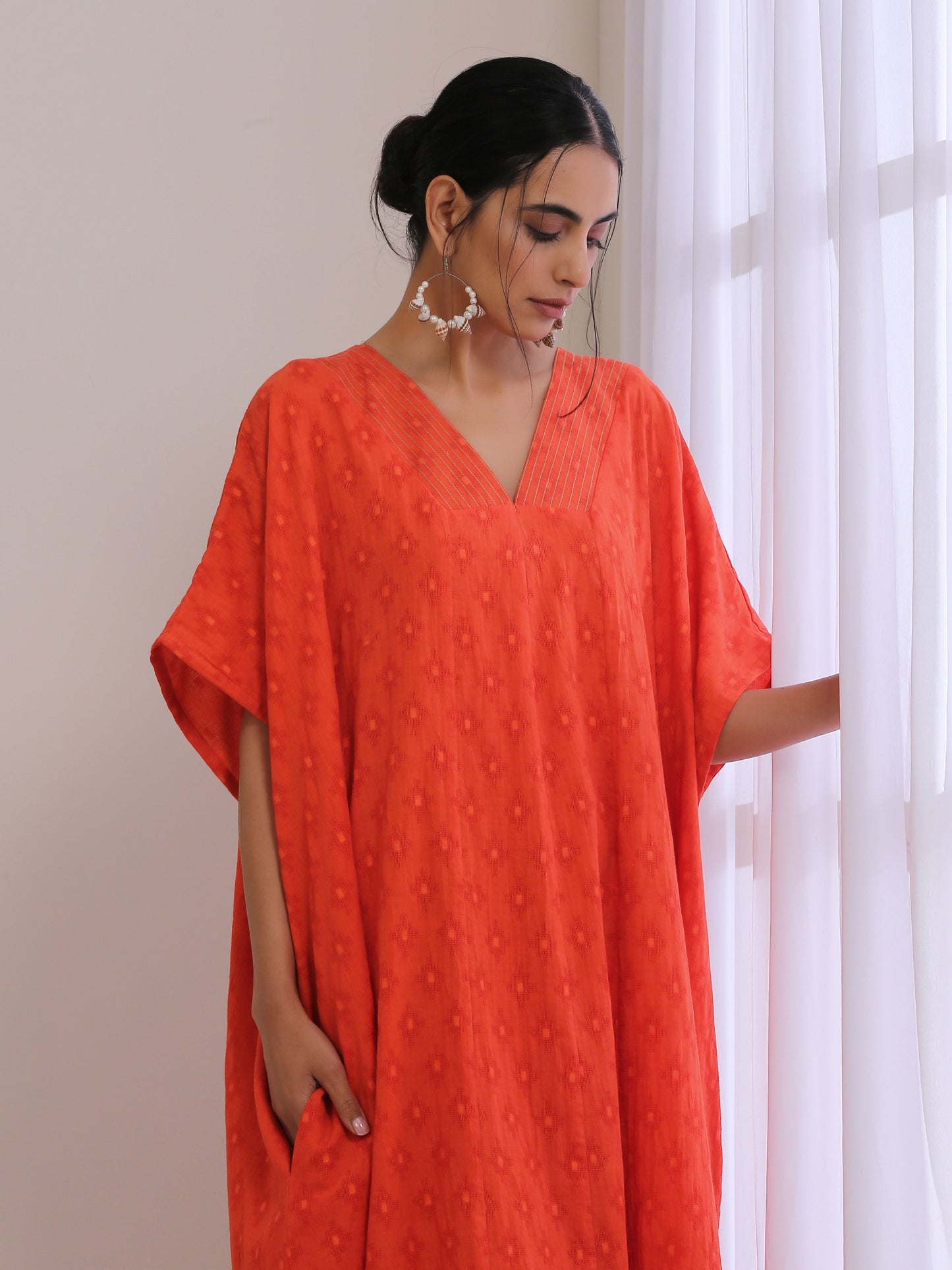 Orange Dobby Panel Kaftan Dress