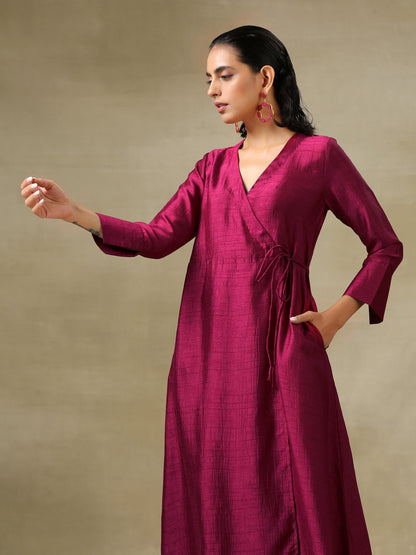 Purple Textured Silk Angrakha Kurta Pant Set