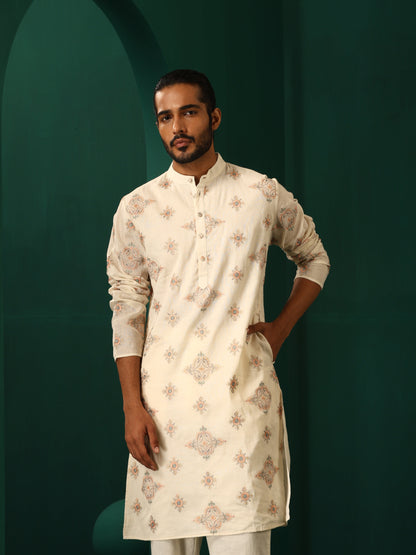 trueBrowns Men's Ivory Peach Cotton Kurta