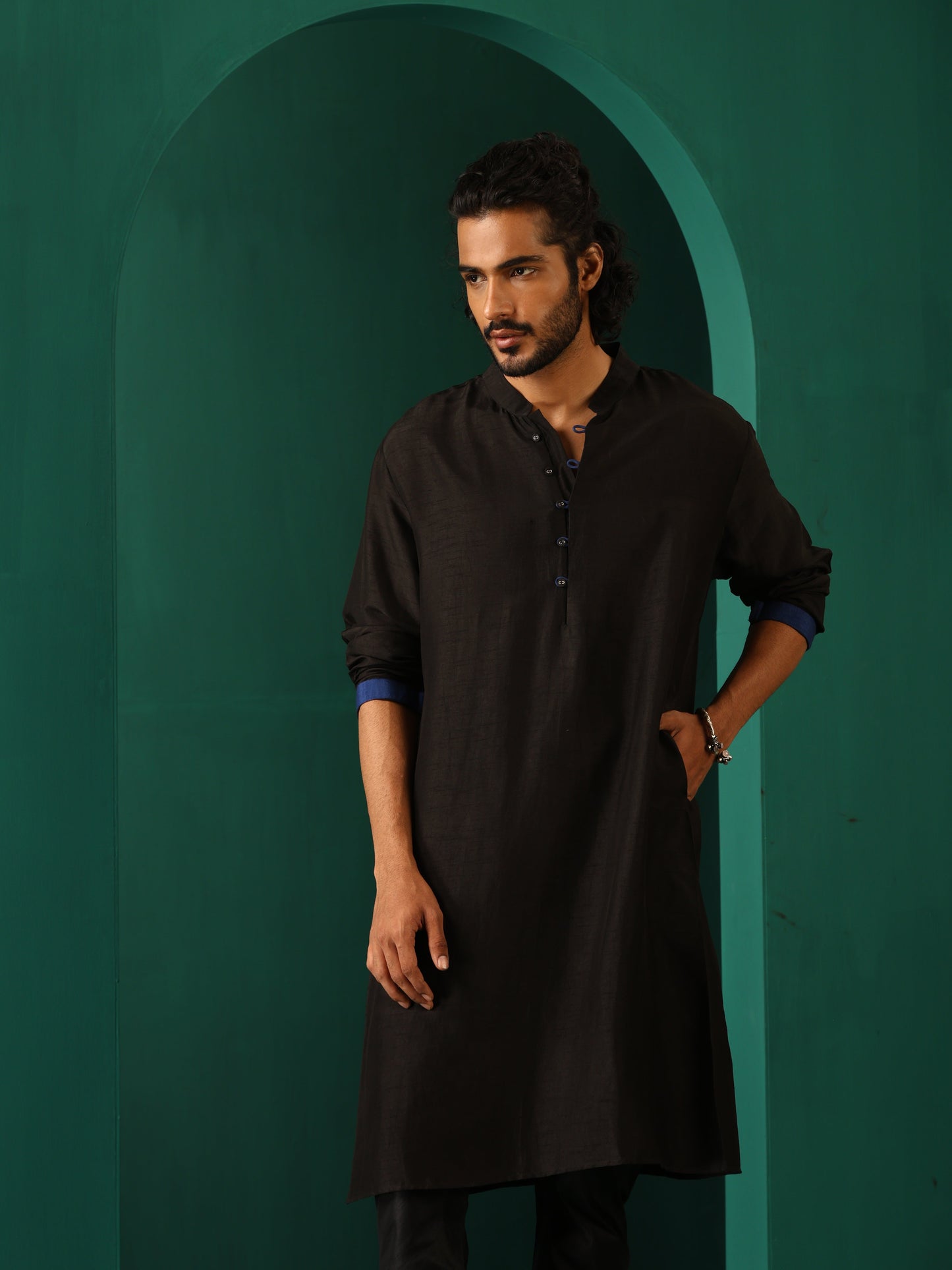 trueBrowns Men's Black Silk Long Kurta