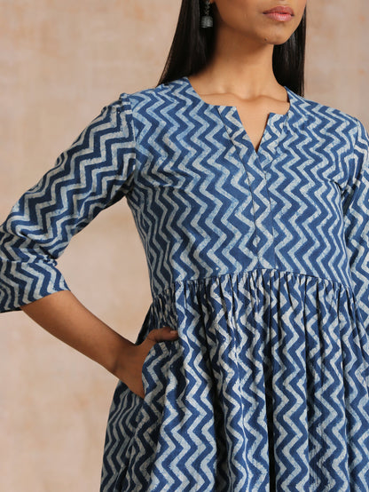 Indigo Dabu Zig-Zag Lines Print Cotton Flared Kurta Pant Set