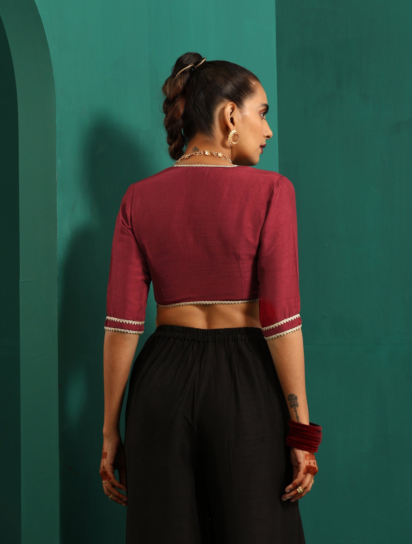 trueBrowns Maroon Silk Gota Blouse