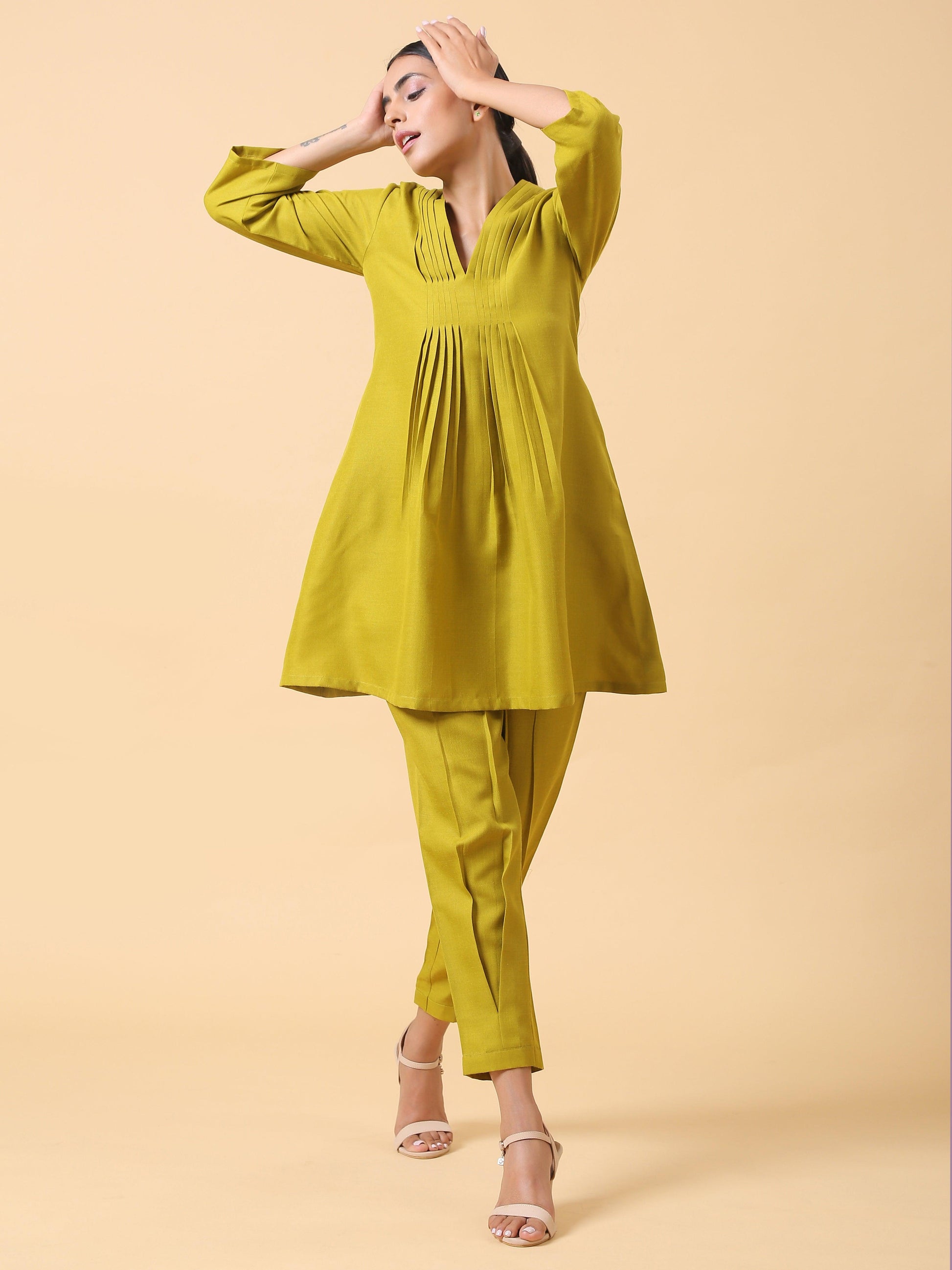 Cotton Linen Lime Green Pleated Co-Ord Set - trueBrowns