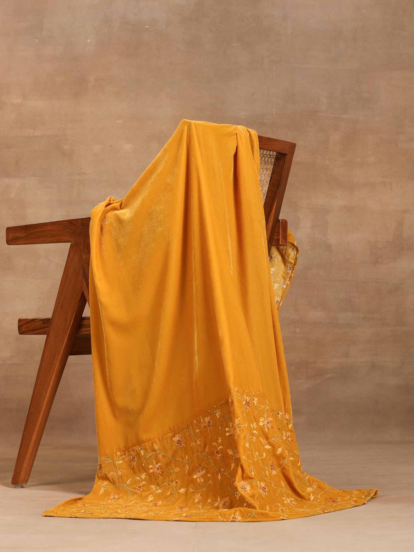 trueBrowns Mustard Velvet Embroidered Shawl