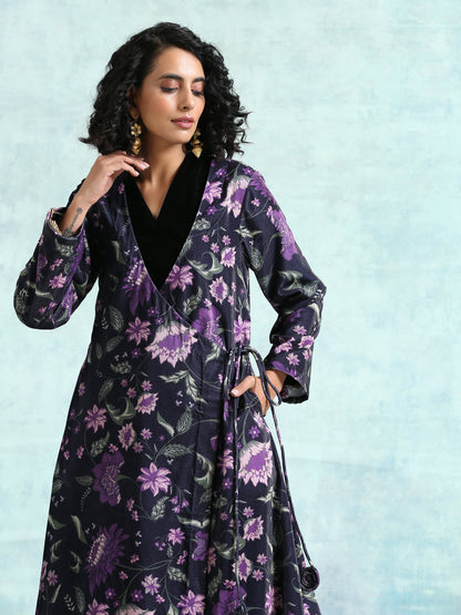 Black Printed Velvet Angrakha Jacket