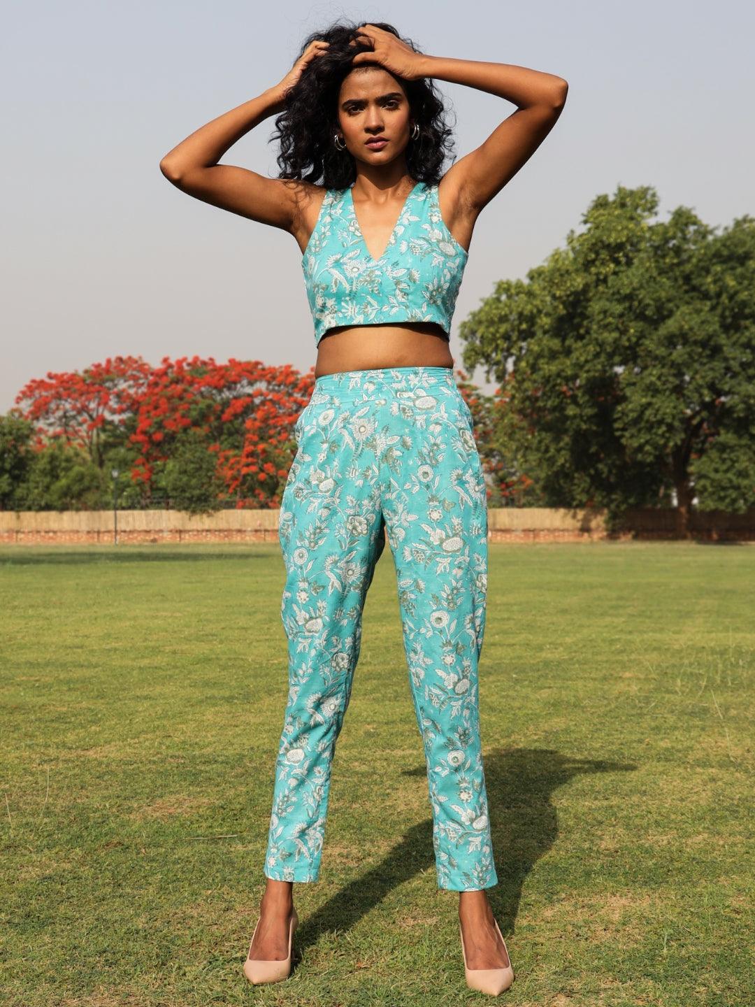 Turquoise Cotton Block Print Pant Suit Set - trueBrowns