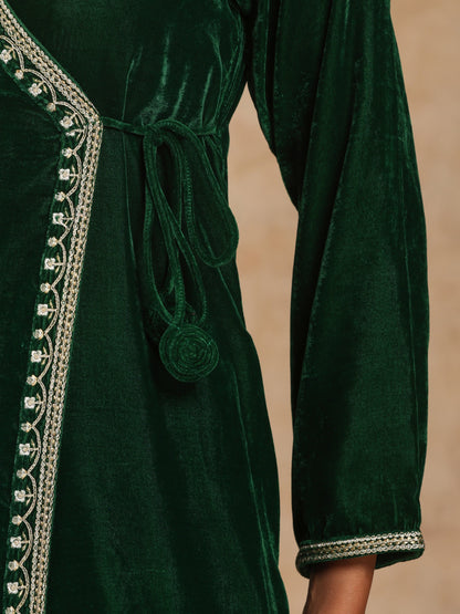 trueBrowns Green Velvet Embroidered Angrakha Kurta