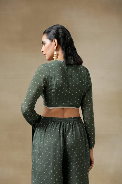 Dark Green Bandhani Printed Silk Full Sleeve Blouse