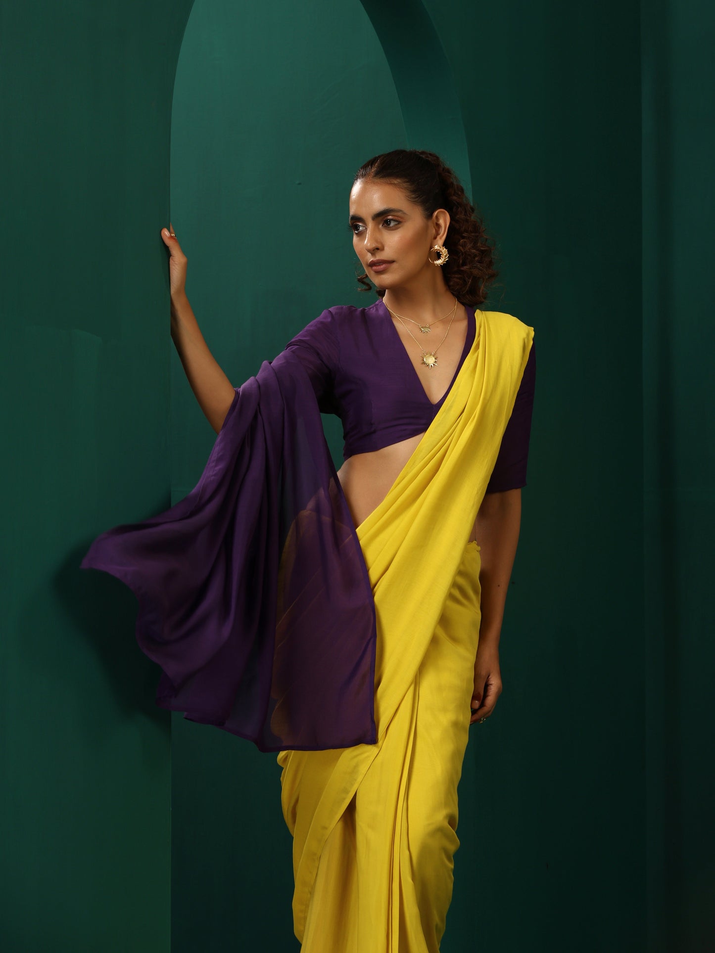 trueBrowns Yellow Purple Muslin Silk Ready to Wear Saree