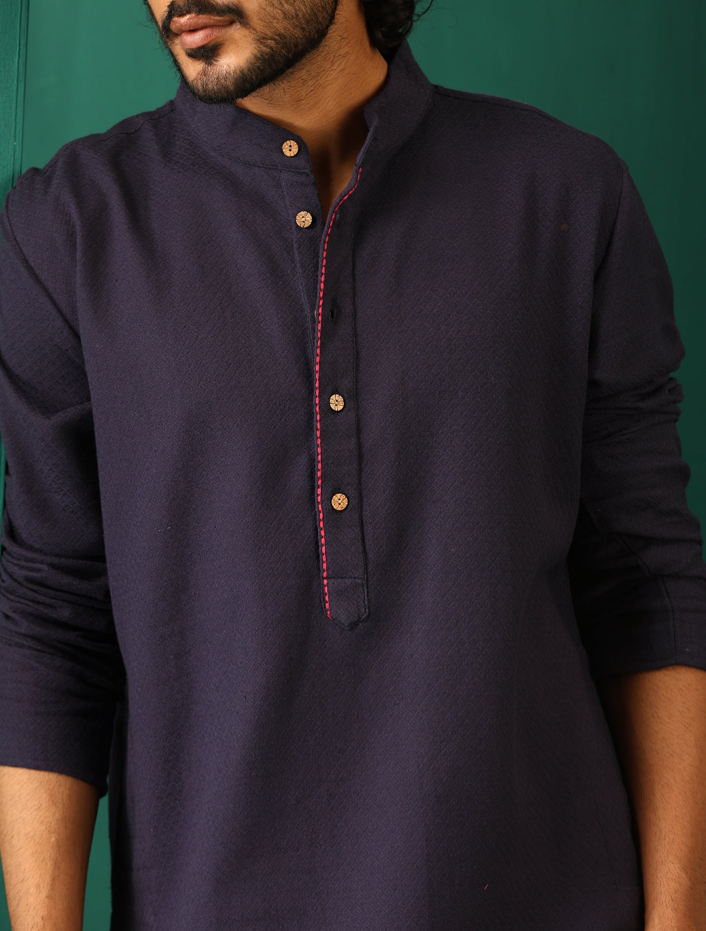 trueBrowns Men's Navy Dobby Textured Kurta