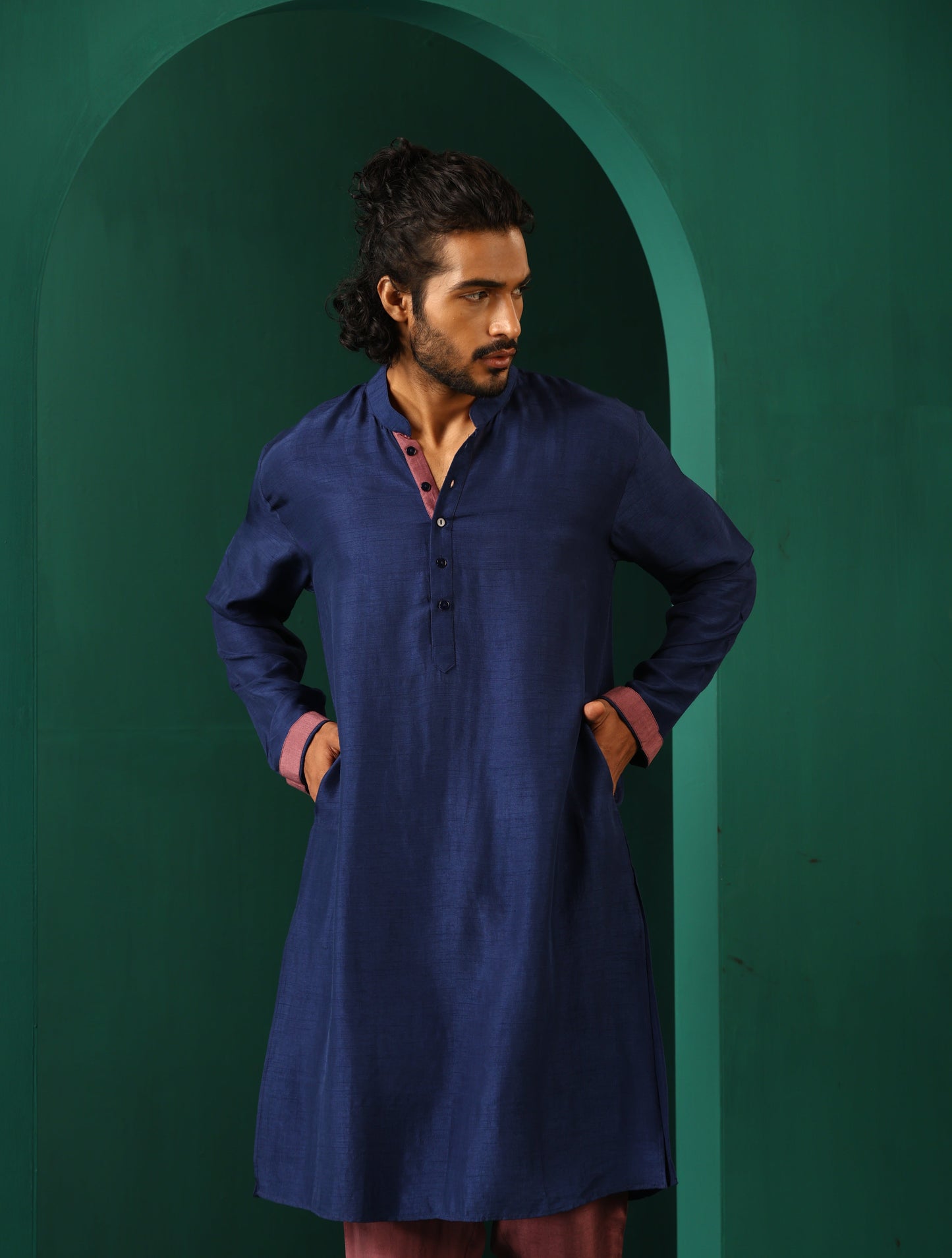 trueBrowns Men's Blue Silk Long Kurta