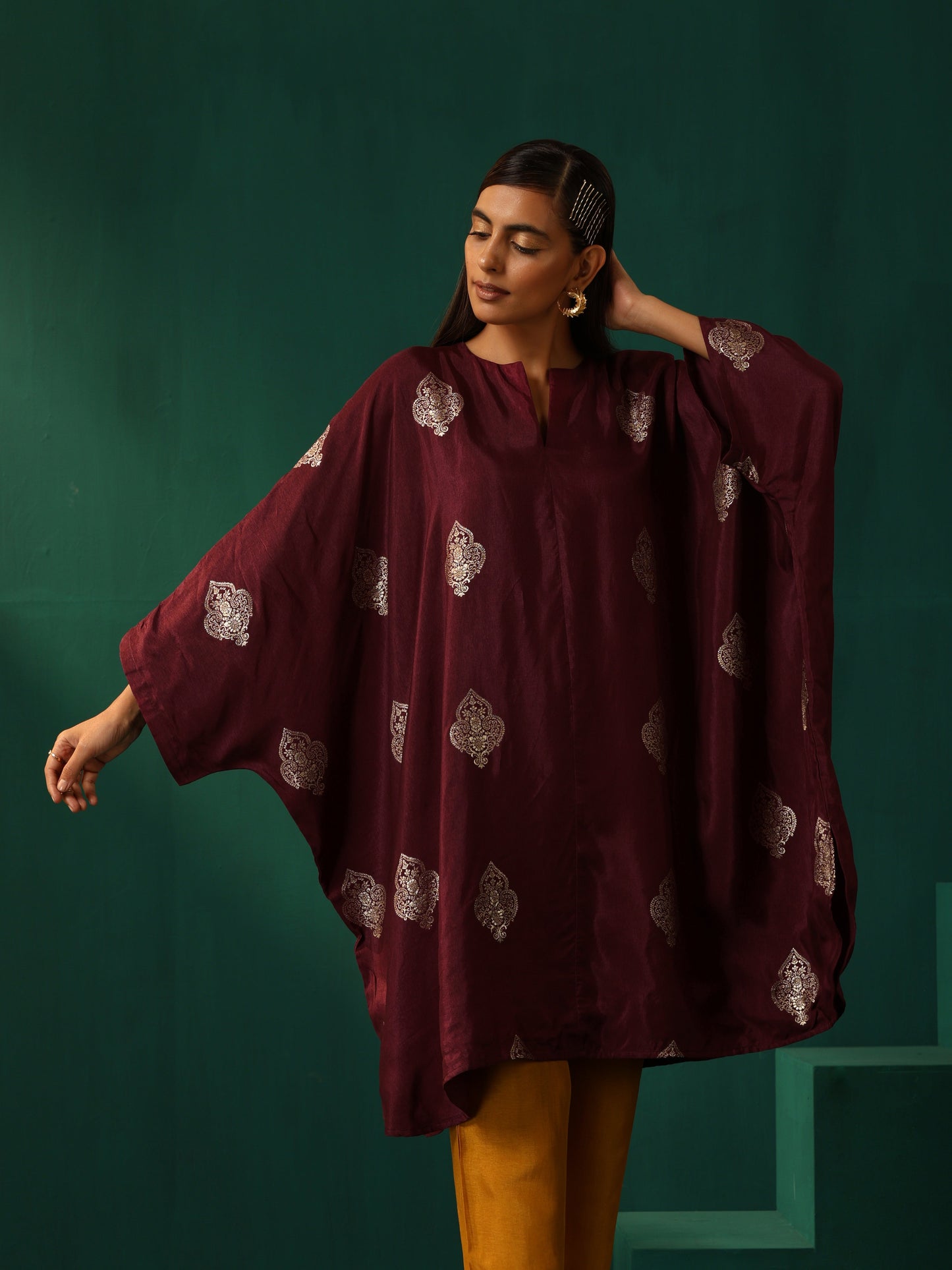 trueBrowns Wine Geometric Viscose Silk Kaftan Kurta Pant Set