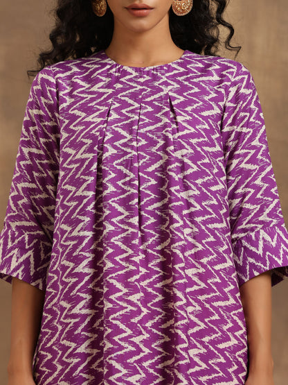 Purple Zig-Zag Printed Silk Kurta Pant Set