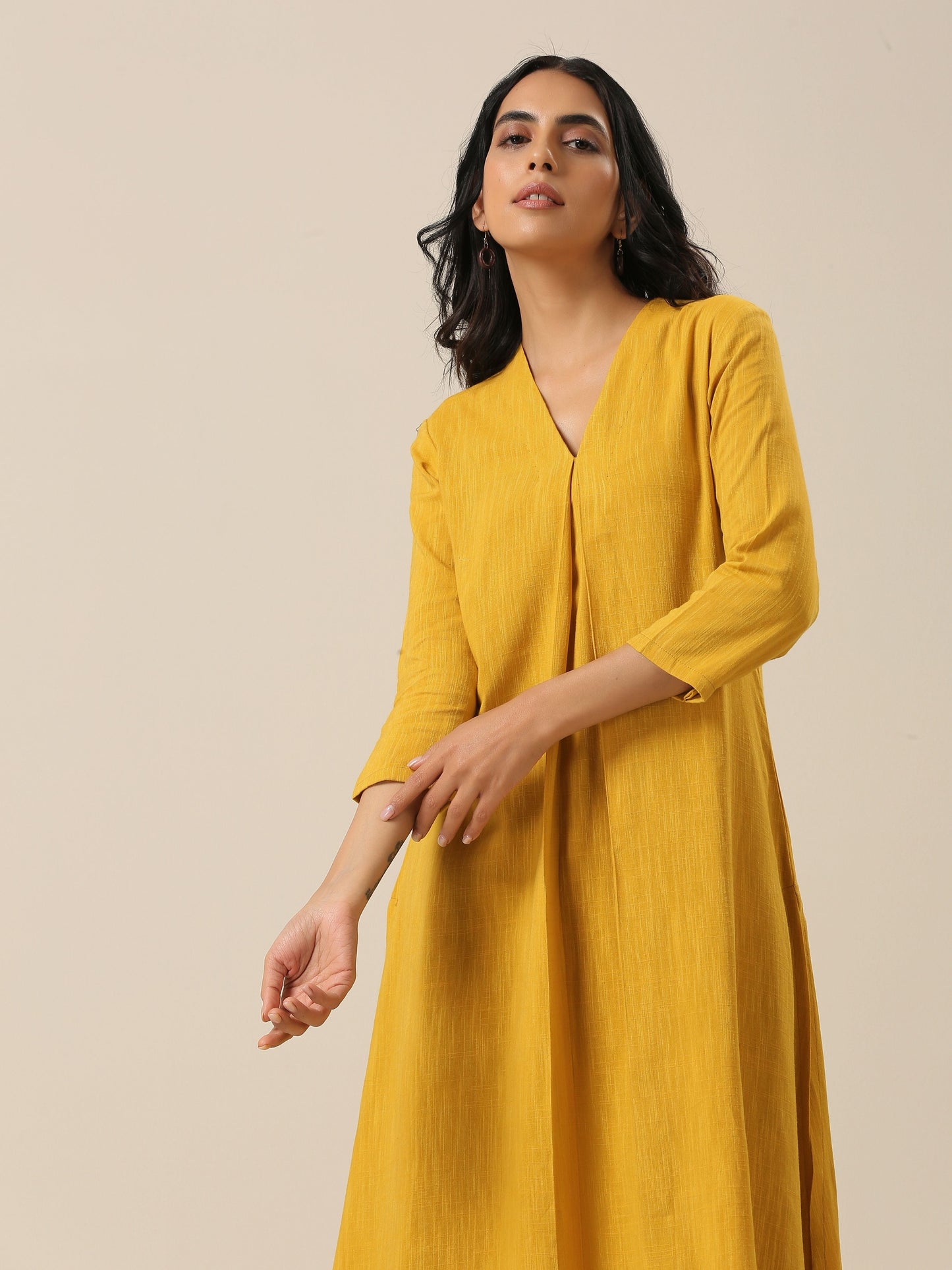 Mustard Yellow Slub Texture Neck Pleat Kurta Pant Set