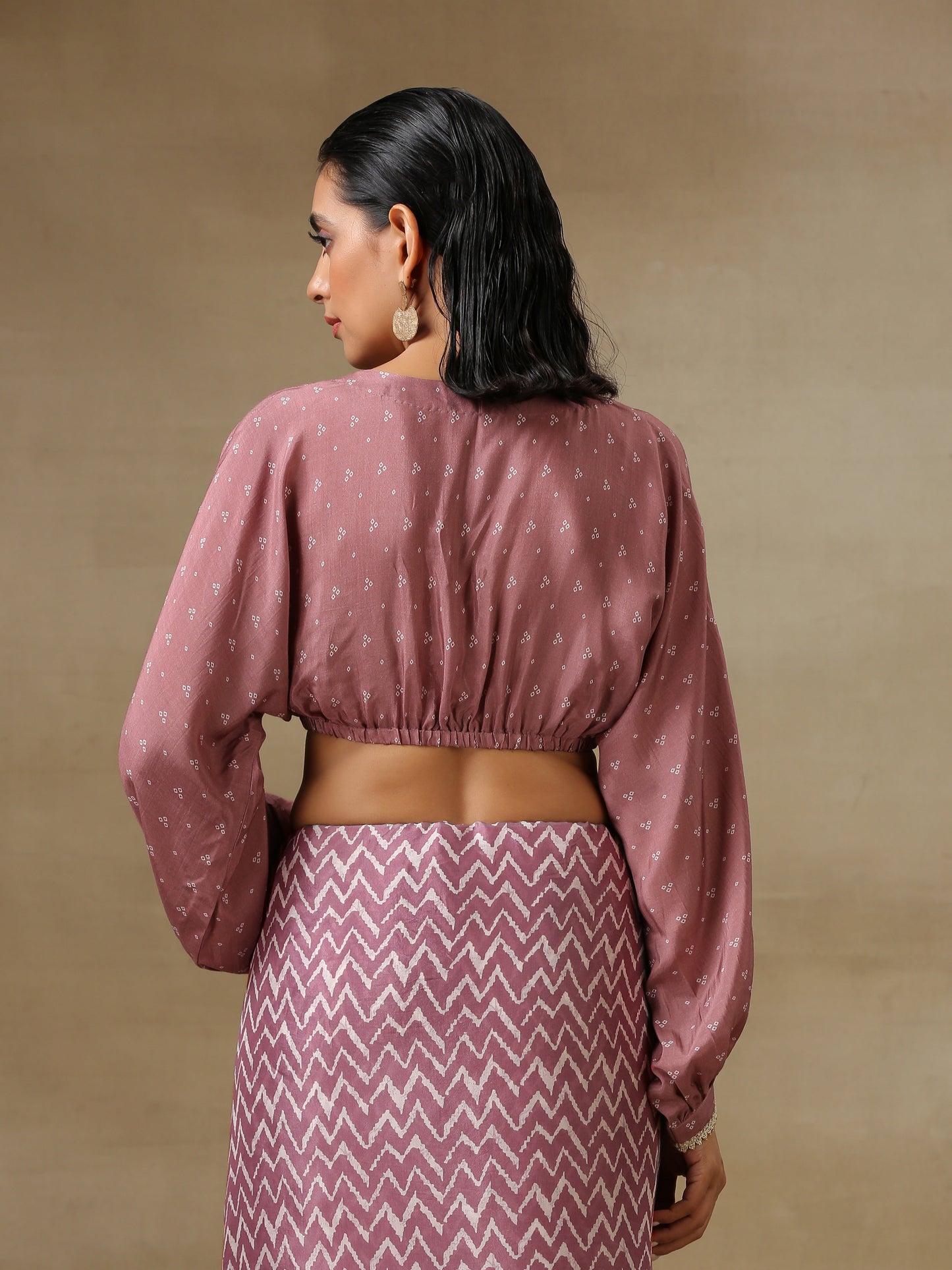 Dark Mauve Bandhani Printed Silk Elasticated Blouse