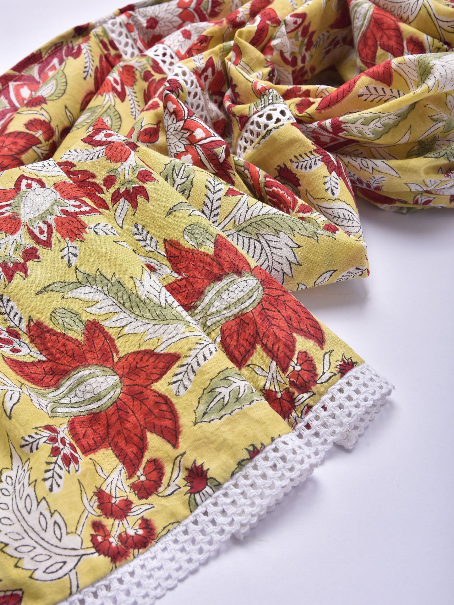 Yellow Floral Block Print Cotton Stole