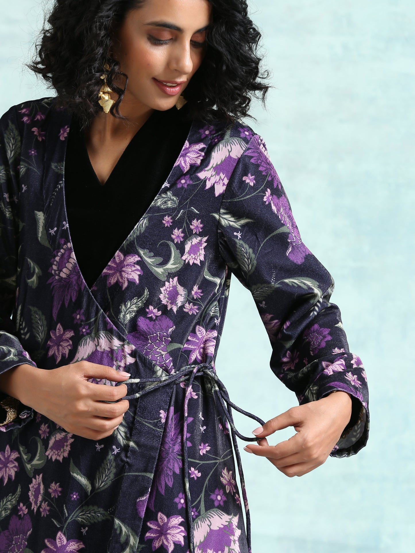 Black Printed Velvet Angrakha Jacket