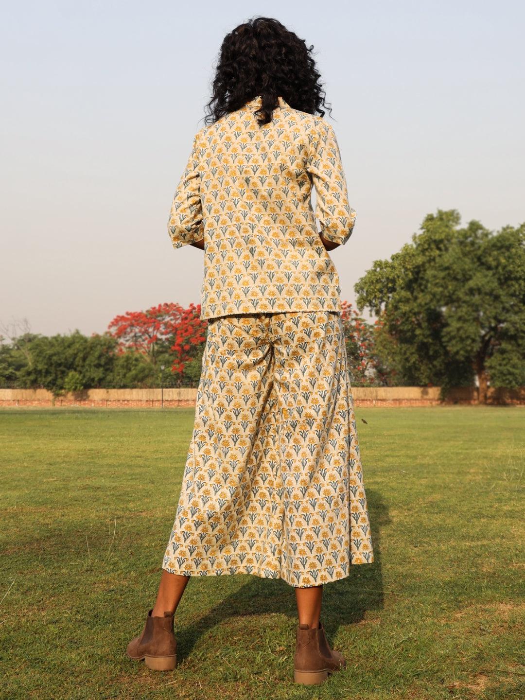 Light Sage Cotton Block Print Lapel Shirt Co-Ord Set - trueBrowns