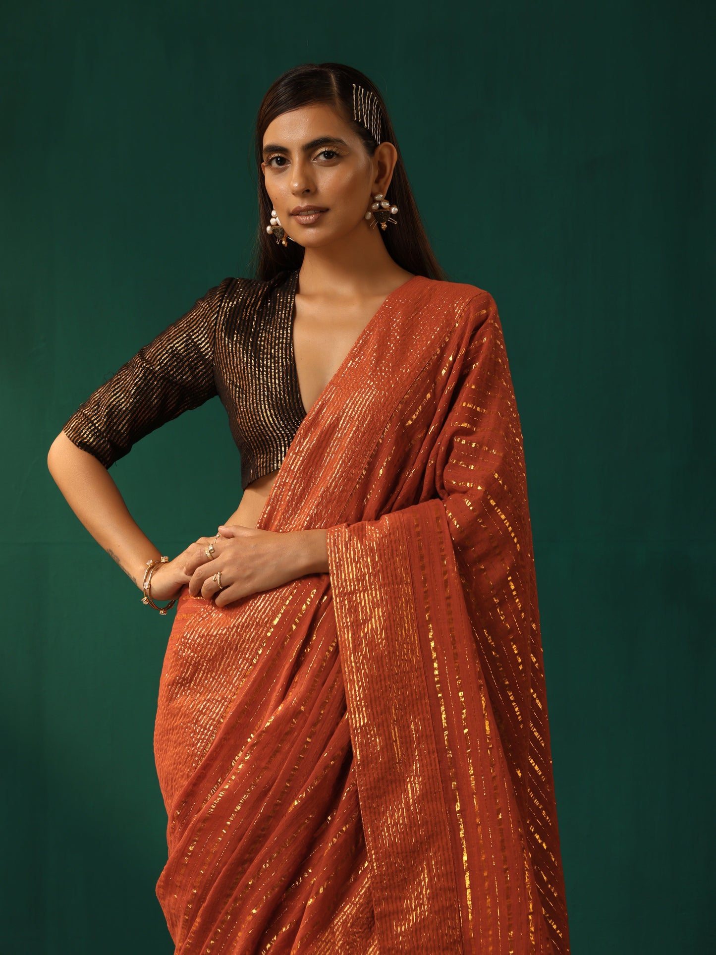 trueBrowns Rust Cotton Gold Lurex Striped Ready to Wear Saree