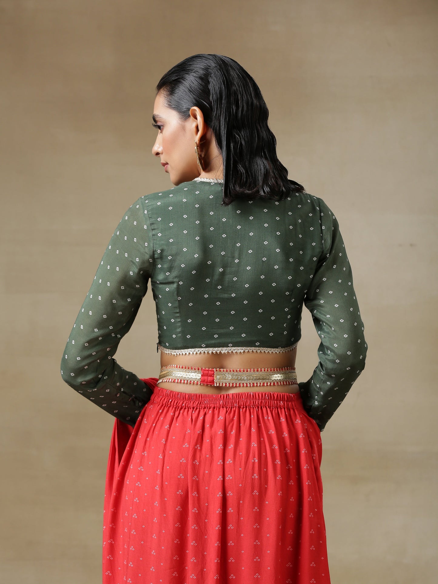 Dark Green Bandhani Printed Silk Full Sleeve Blouse