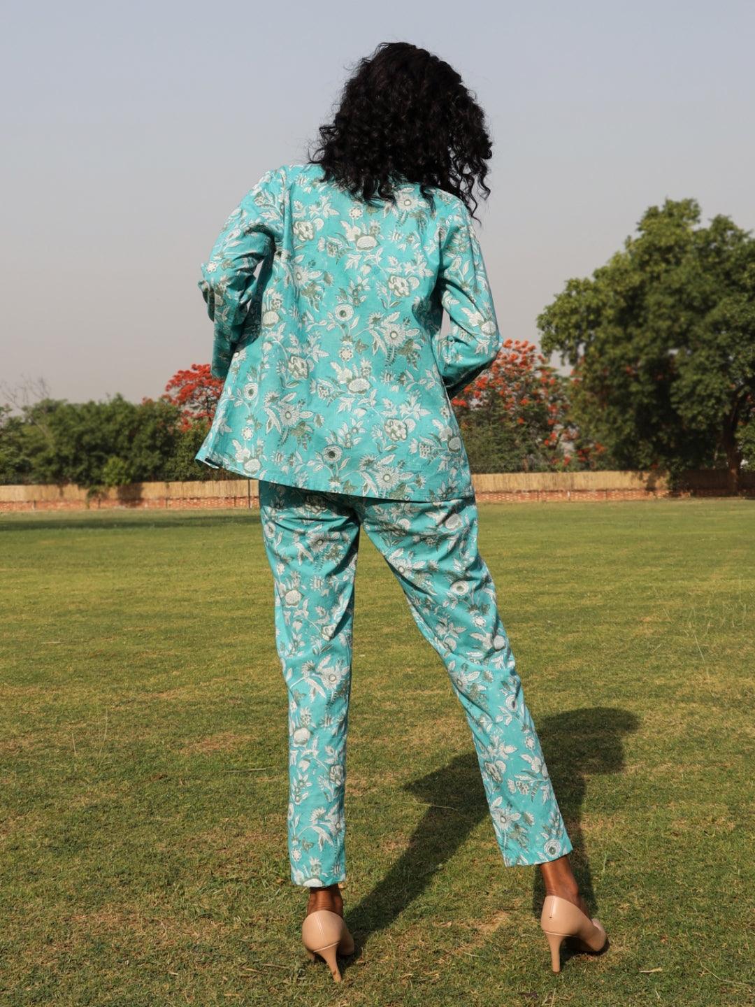 Turquoise Cotton Block Print Pant Suit Set - trueBrowns