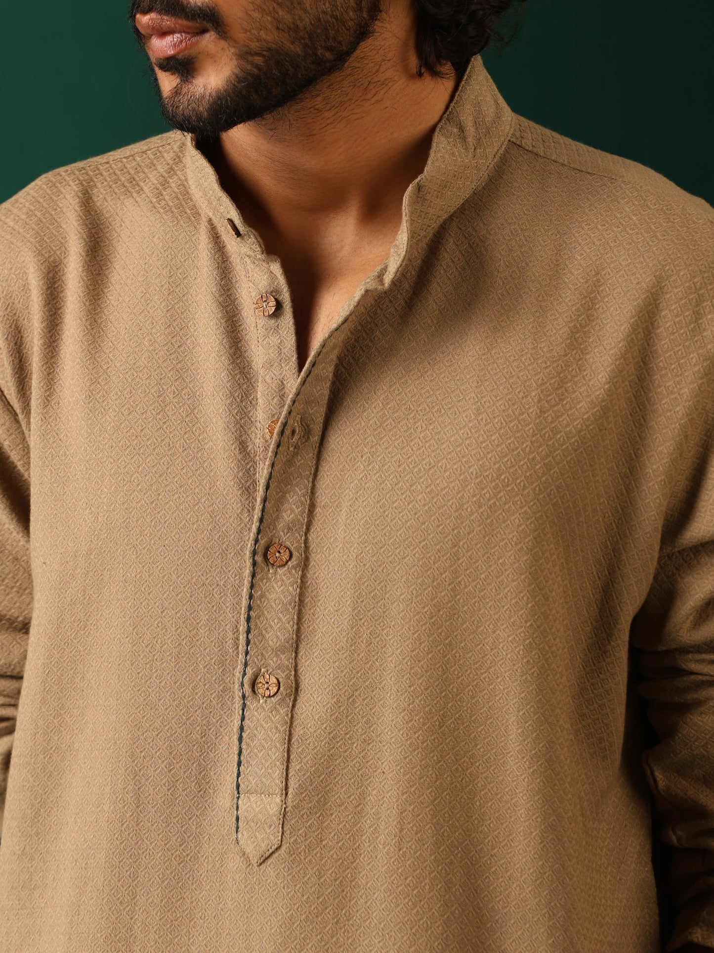 trueBrowns Men's  Beige Dobby Textured Kurta