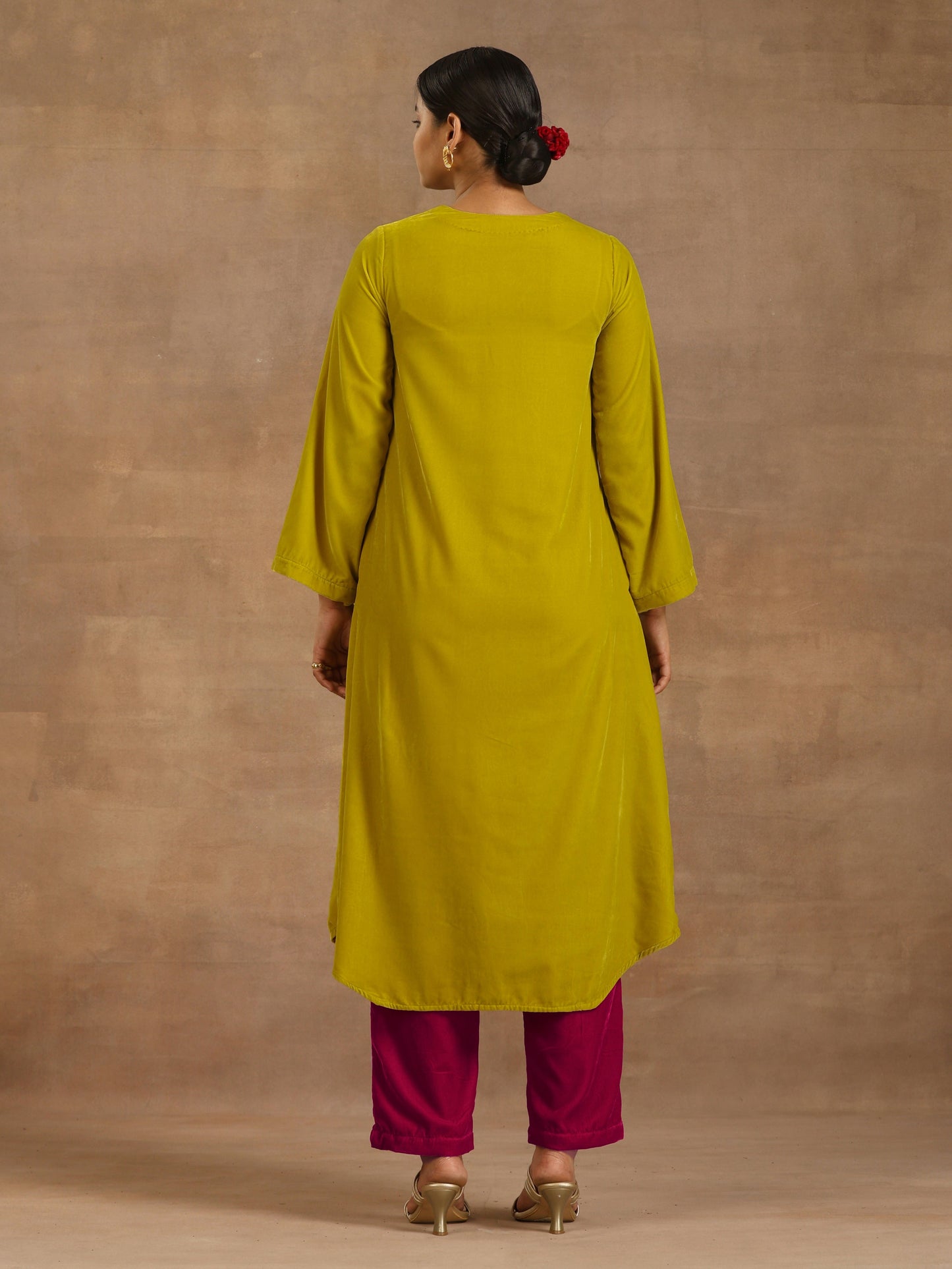 trueBrowns Lime Velvet Yoke Embroidered Kurta