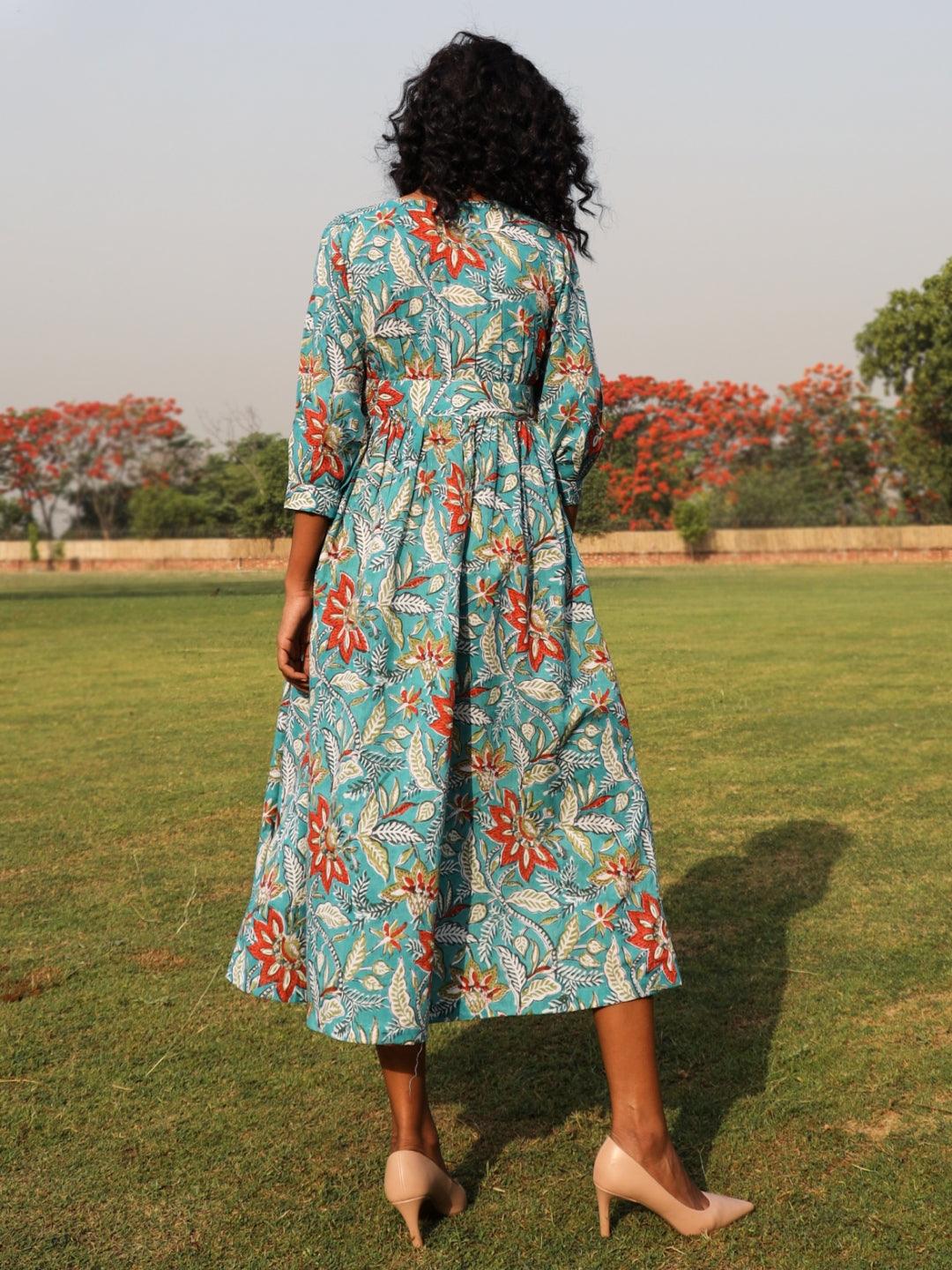 Teal Cotton Block Print Wrap Dress - trueBrowns